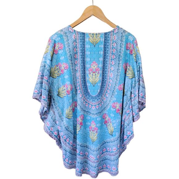 Tolani Narissa Boho Caftan Tunic Top Small Aqua Blue Pink Floral - Picture 8 of 8